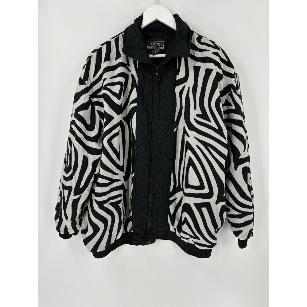 Anney Vintage Jacket Womens 1X Black White Striped Silk Full Zip Windbreaker